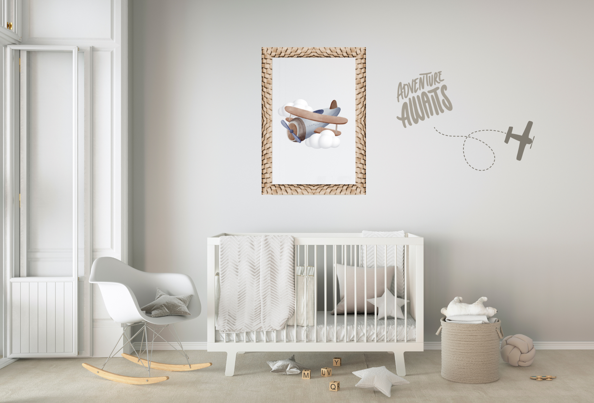 Image of baby nursery that is airplane themed with adventure awaits. 